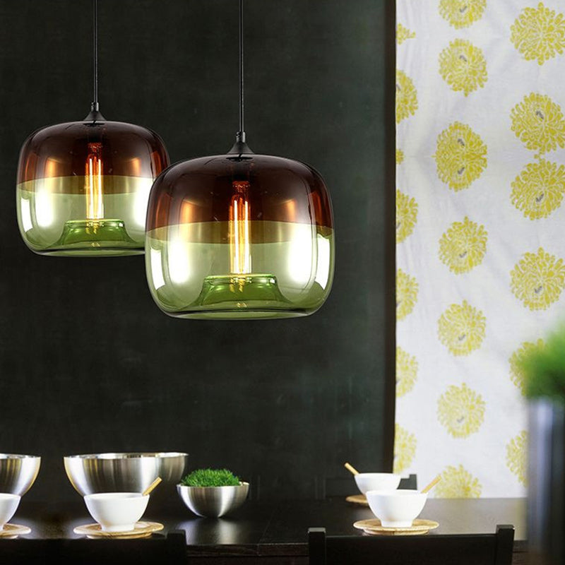 Drum Dining Table Suspension Lamp Industrial Green/Blue and Brown Glass 1-Light Black Hanging Pendant Light Clearhalo 'Ceiling Lights' 'Glass shade' 'Glass' 'Industrial Pendants' 'Industrial' 'Middle Century Pendants' 'Pendant Lights' 'Pendants' 'Tiffany' Lighting' 1918606