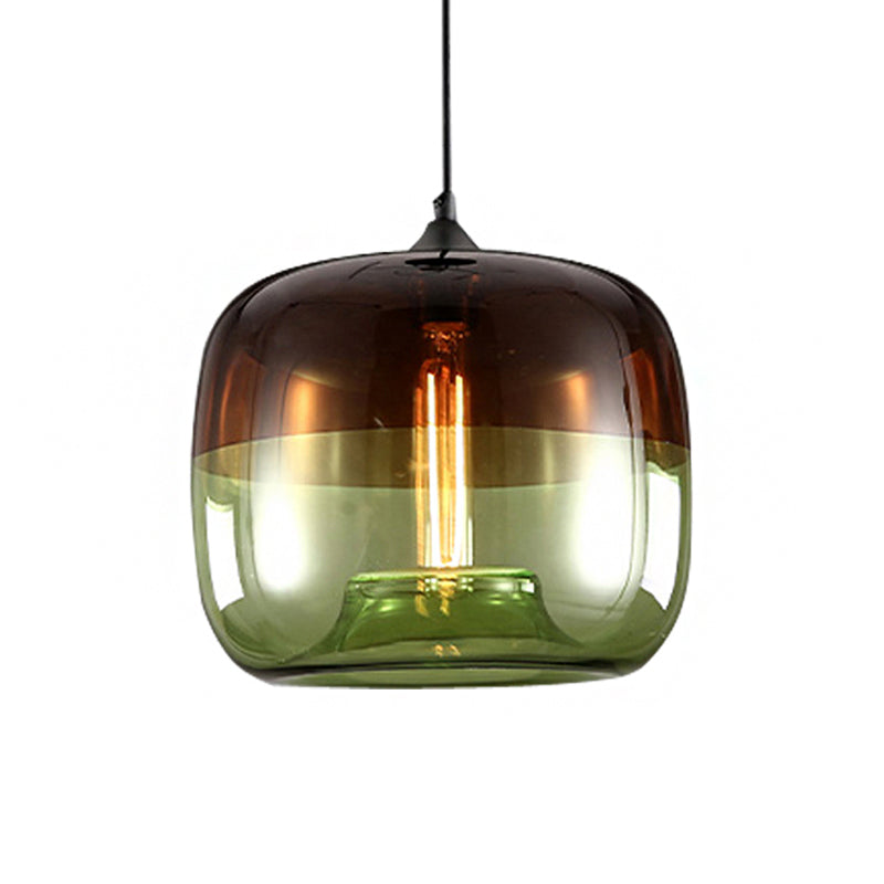 Drum Dining Table Suspension Lamp Industrial Green/Blue and Brown Glass 1-Light Black Hanging Pendant Light Clearhalo 'Ceiling Lights' 'Glass shade' 'Glass' 'Industrial Pendants' 'Industrial' 'Middle Century Pendants' 'Pendant Lights' 'Pendants' 'Tiffany' Lighting' 1918607