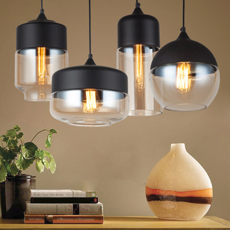 Black 1 Light Pendant Light Fixture Industrial Clear Glass Cylinder/Globe Mason Jar Hanging Lamp Kit over Table Clearhalo 'Ceiling Lights' 'Glass shade' 'Glass' 'Industrial Pendants' 'Industrial' 'Middle Century Pendants' 'Pendant Lights' 'Pendants' 'Tiffany' Lighting' 1918608