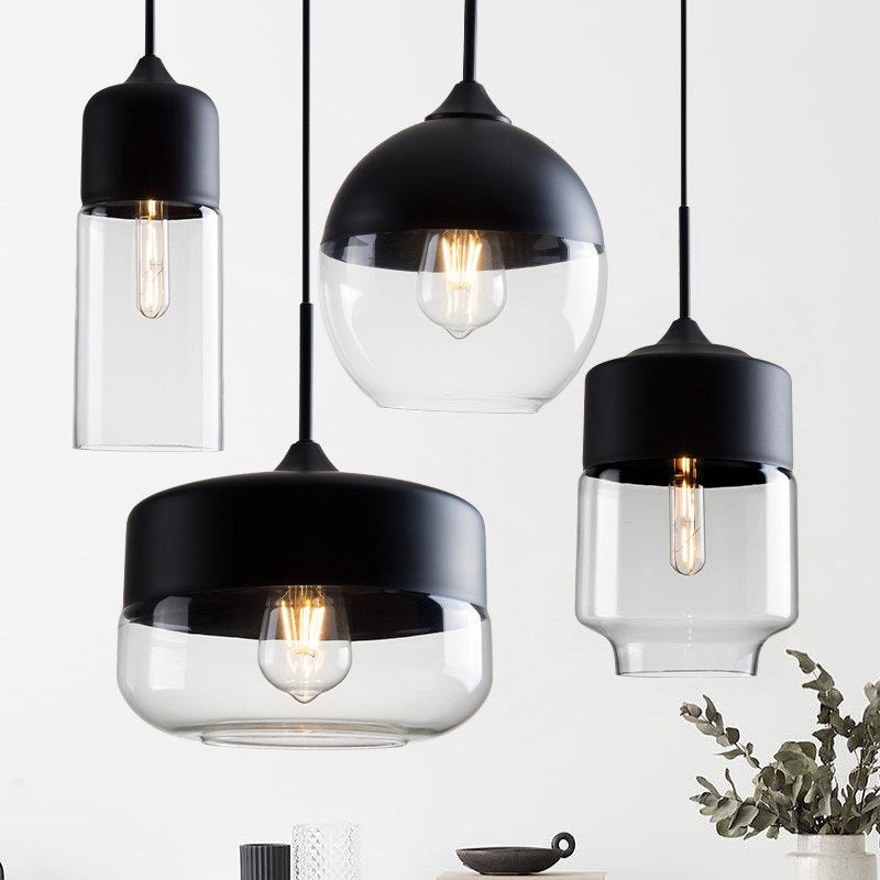 Black 1 Light Pendant Light Fixture Industrial Clear Glass Cylinder/Globe Mason Jar Hanging Lamp Kit over Table Clearhalo 'Ceiling Lights' 'Glass shade' 'Glass' 'Industrial Pendants' 'Industrial' 'Middle Century Pendants' 'Pendant Lights' 'Pendants' 'Tiffany' Lighting' 1918611