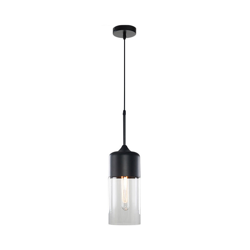 Black 1 Light Pendant Light Fixture Industrial Clear Glass Cylinder/Globe Mason Jar Hanging Lamp Kit over Table Black C Clearhalo 'Ceiling Lights' 'Glass shade' 'Glass' 'Industrial Pendants' 'Industrial' 'Middle Century Pendants' 'Pendant Lights' 'Pendants' 'Tiffany' Lighting' 1918612