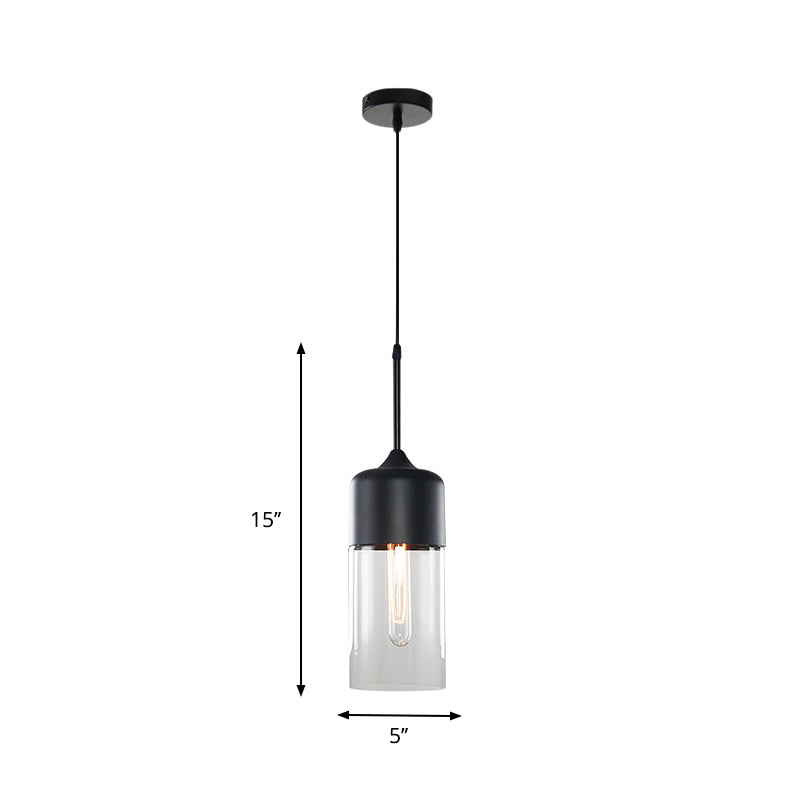 Black 1 Light Pendant Light Fixture Industrial Clear Glass Cylinder/Globe Mason Jar Hanging Lamp Kit over Table Clearhalo 'Ceiling Lights' 'Glass shade' 'Glass' 'Industrial Pendants' 'Industrial' 'Middle Century Pendants' 'Pendant Lights' 'Pendants' 'Tiffany' Lighting' 1918613