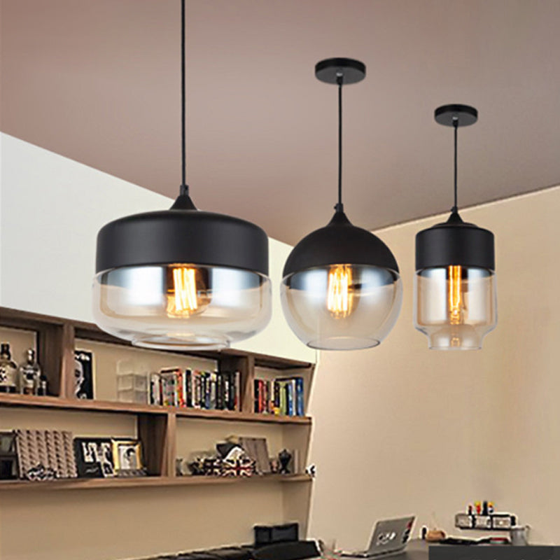 Black 1 Light Pendant Light Fixture Industrial Clear Glass Cylinder/Globe Mason Jar Hanging Lamp Kit over Table Clearhalo 'Ceiling Lights' 'Glass shade' 'Glass' 'Industrial Pendants' 'Industrial' 'Middle Century Pendants' 'Pendant Lights' 'Pendants' 'Tiffany' Lighting' 1918614