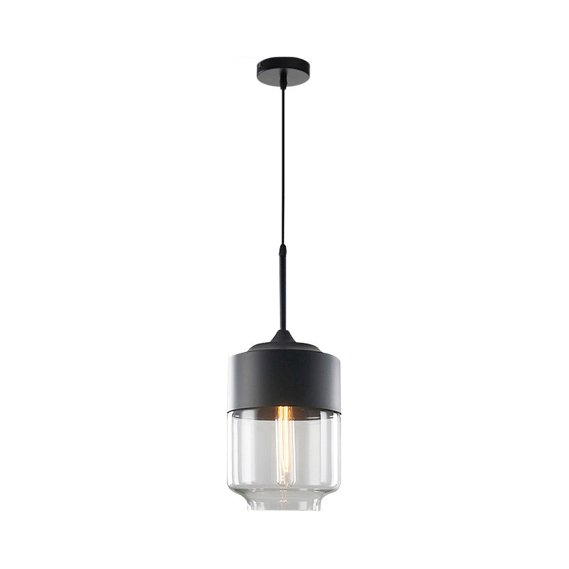 Black 1 Light Pendant Light Fixture Industrial Clear Glass Cylinder/Globe Mason Jar Hanging Lamp Kit over Table Black B Clearhalo 'Ceiling Lights' 'Glass shade' 'Glass' 'Industrial Pendants' 'Industrial' 'Middle Century Pendants' 'Pendant Lights' 'Pendants' 'Tiffany' Lighting' 1918615