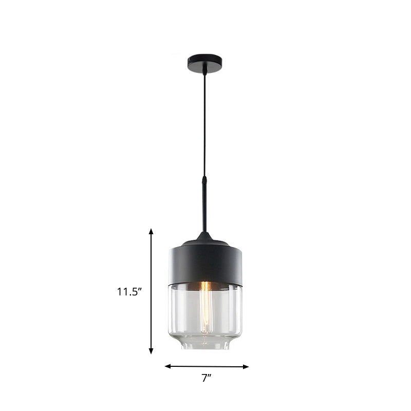 Black 1 Light Pendant Light Fixture Industrial Clear Glass Cylinder/Globe Mason Jar Hanging Lamp Kit over Table Clearhalo 'Ceiling Lights' 'Glass shade' 'Glass' 'Industrial Pendants' 'Industrial' 'Middle Century Pendants' 'Pendant Lights' 'Pendants' 'Tiffany' Lighting' 1918616