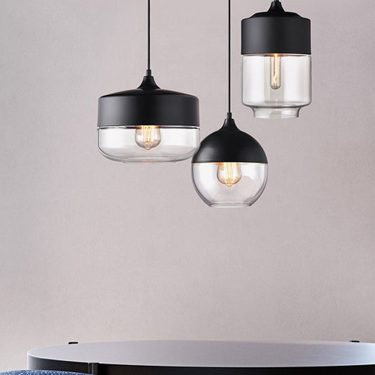 Black 1 Light Pendant Light Fixture Industrial Clear Glass Cylinder/Globe Mason Jar Hanging Lamp Kit over Table Clearhalo 'Ceiling Lights' 'Glass shade' 'Glass' 'Industrial Pendants' 'Industrial' 'Middle Century Pendants' 'Pendant Lights' 'Pendants' 'Tiffany' Lighting' 1918617