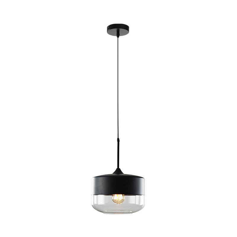 Black 1 Light Pendant Light Fixture Industrial Clear Glass Cylinder/Globe Mason Jar Hanging Lamp Kit over Table Black A Clearhalo 'Ceiling Lights' 'Glass shade' 'Glass' 'Industrial Pendants' 'Industrial' 'Middle Century Pendants' 'Pendant Lights' 'Pendants' 'Tiffany' Lighting' 1918618
