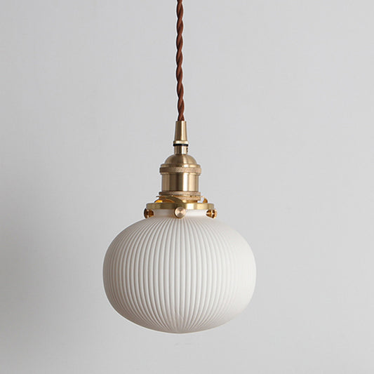 Rustic Ribbed Capsule/Ellipse Drop Pendant Single Bulb Ceramics Ceiling Hang Light in White and Brass White C Clearhalo 'Art Deco Pendants' 'Cast Iron' 'Ceiling Lights' 'Ceramic' 'Crystal' 'Industrial Pendants' 'Industrial' 'Metal' 'Middle Century Pendants' 'Pendant Lights' 'Pendants' 'Tiffany' Lighting' 1918620