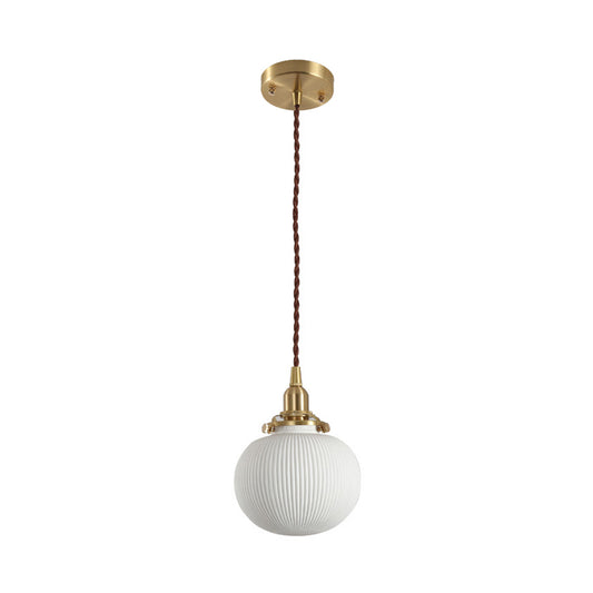 Rustic Ribbed Capsule/Ellipse Drop Pendant Single Bulb Ceramics Ceiling Hang Light in White and Brass Clearhalo 'Art Deco Pendants' 'Cast Iron' 'Ceiling Lights' 'Ceramic' 'Crystal' 'Industrial Pendants' 'Industrial' 'Metal' 'Middle Century Pendants' 'Pendant Lights' 'Pendants' 'Tiffany' Lighting' 1918621