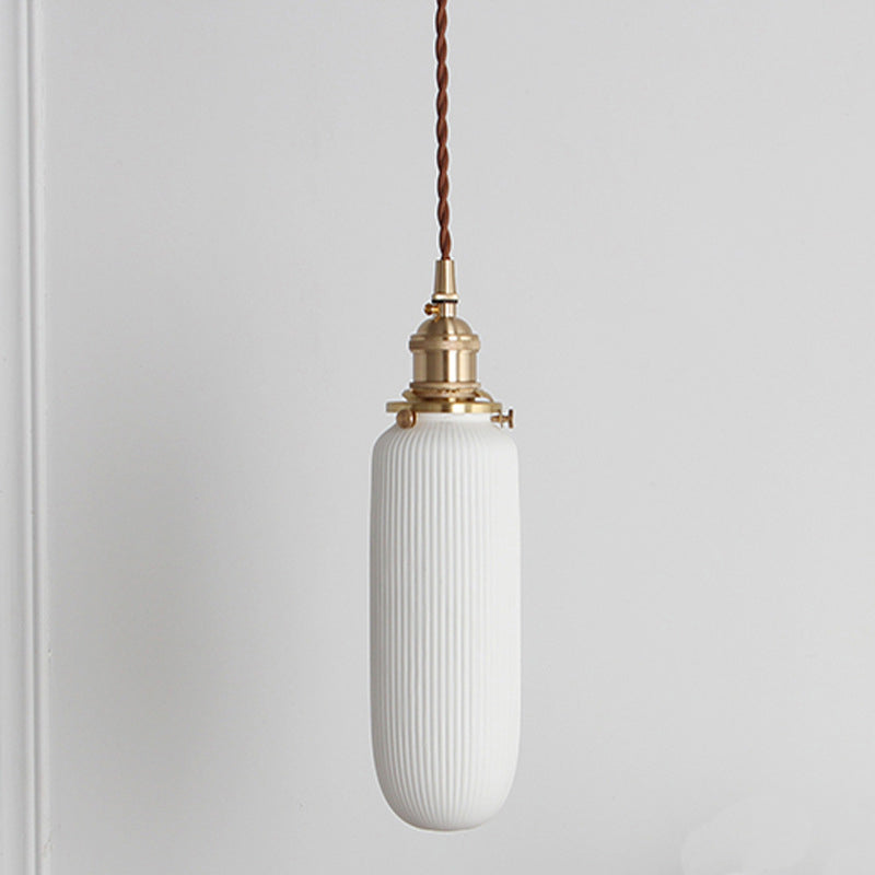 Rustic Ribbed Capsule/Ellipse Drop Pendant Single Bulb Ceramics Ceiling Hang Light in White and Brass White A Clearhalo 'Art Deco Pendants' 'Cast Iron' 'Ceiling Lights' 'Ceramic' 'Crystal' 'Industrial Pendants' 'Industrial' 'Metal' 'Middle Century Pendants' 'Pendant Lights' 'Pendants' 'Tiffany' Lighting' 1918623