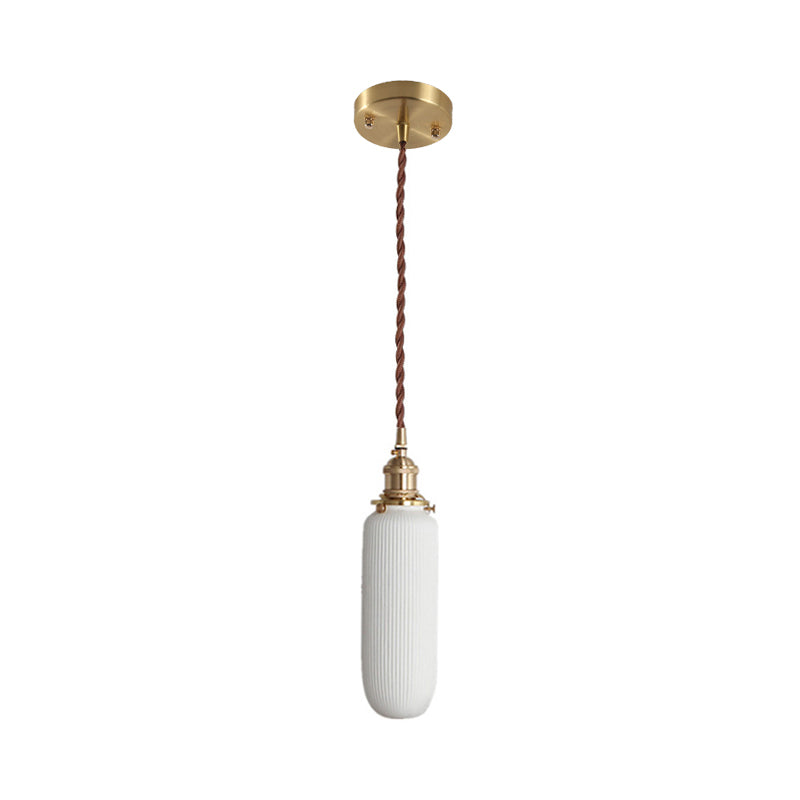Rustic Ribbed Capsule/Ellipse Drop Pendant Single Bulb Ceramics Ceiling Hang Light in White and Brass Clearhalo 'Art Deco Pendants' 'Cast Iron' 'Ceiling Lights' 'Ceramic' 'Crystal' 'Industrial Pendants' 'Industrial' 'Metal' 'Middle Century Pendants' 'Pendant Lights' 'Pendants' 'Tiffany' Lighting' 1918624