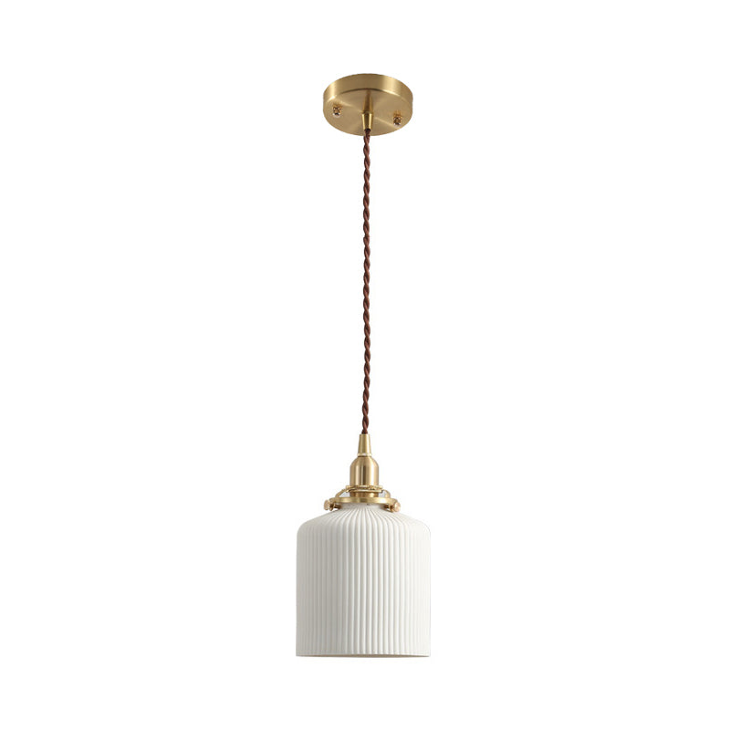Rustic Ribbed Capsule/Ellipse Drop Pendant Single Bulb Ceramics Ceiling Hang Light in White and Brass Clearhalo 'Art Deco Pendants' 'Cast Iron' 'Ceiling Lights' 'Ceramic' 'Crystal' 'Industrial Pendants' 'Industrial' 'Metal' 'Middle Century Pendants' 'Pendant Lights' 'Pendants' 'Tiffany' Lighting' 1918627