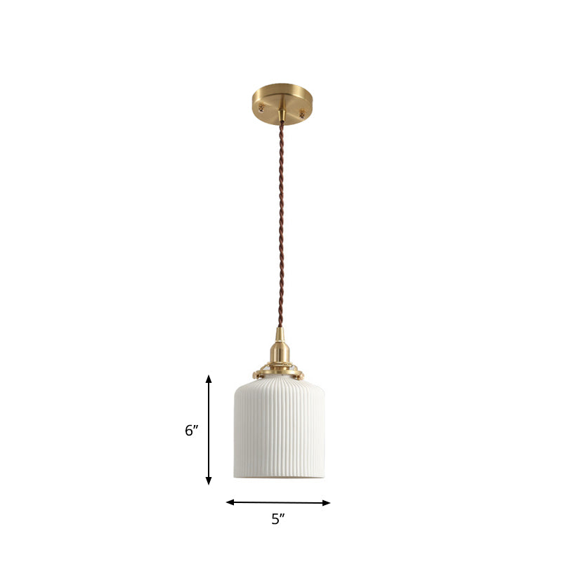 Rustic Ribbed Capsule/Ellipse Drop Pendant Single Bulb Ceramics Ceiling Hang Light in White and Brass Clearhalo 'Art Deco Pendants' 'Cast Iron' 'Ceiling Lights' 'Ceramic' 'Crystal' 'Industrial Pendants' 'Industrial' 'Metal' 'Middle Century Pendants' 'Pendant Lights' 'Pendants' 'Tiffany' Lighting' 1918628
