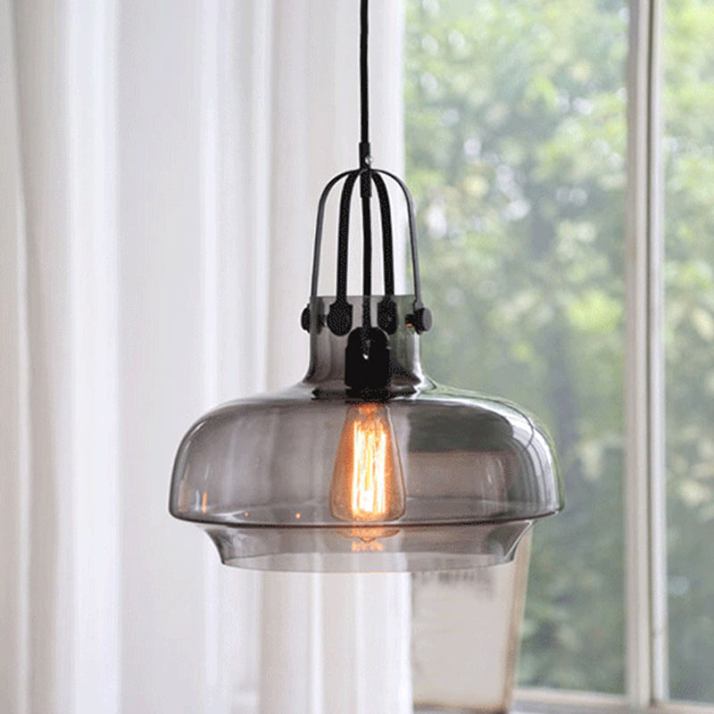 Pot Smoke/Clear Glass Pendant Light Farmhouse 1 Head 7"/9.5"/13" W Kitchen Ceiling Suspension Lamp with Gripper in Black Clearhalo 'Ceiling Lights' 'Glass shade' 'Glass' 'Industrial Pendants' 'Industrial' 'Middle Century Pendants' 'Pendant Lights' 'Pendants' 'Tiffany' Lighting' 1918630