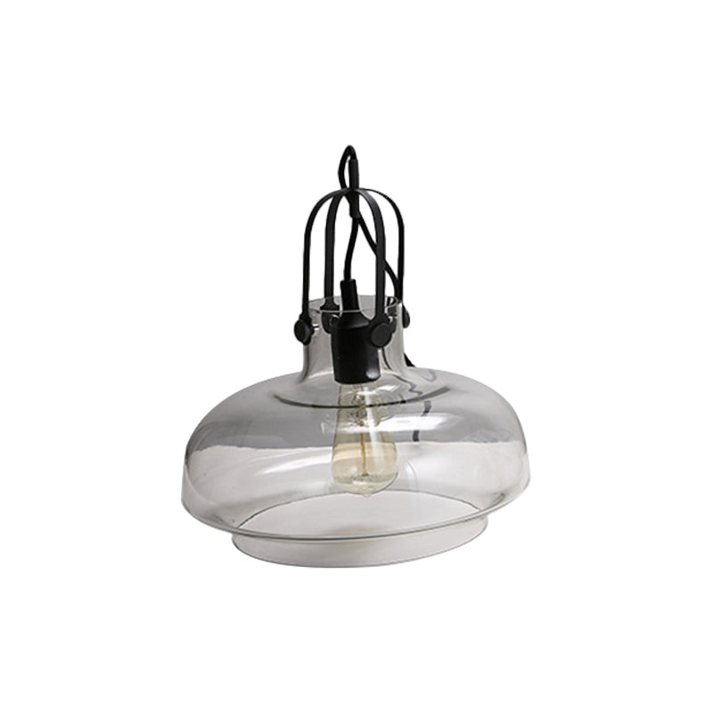 Pot Smoke/Clear Glass Pendant Light Farmhouse 1 Head 7"/9.5"/13" W Kitchen Ceiling Suspension Lamp with Gripper in Black Clearhalo 'Ceiling Lights' 'Glass shade' 'Glass' 'Industrial Pendants' 'Industrial' 'Middle Century Pendants' 'Pendant Lights' 'Pendants' 'Tiffany' Lighting' 1918636
