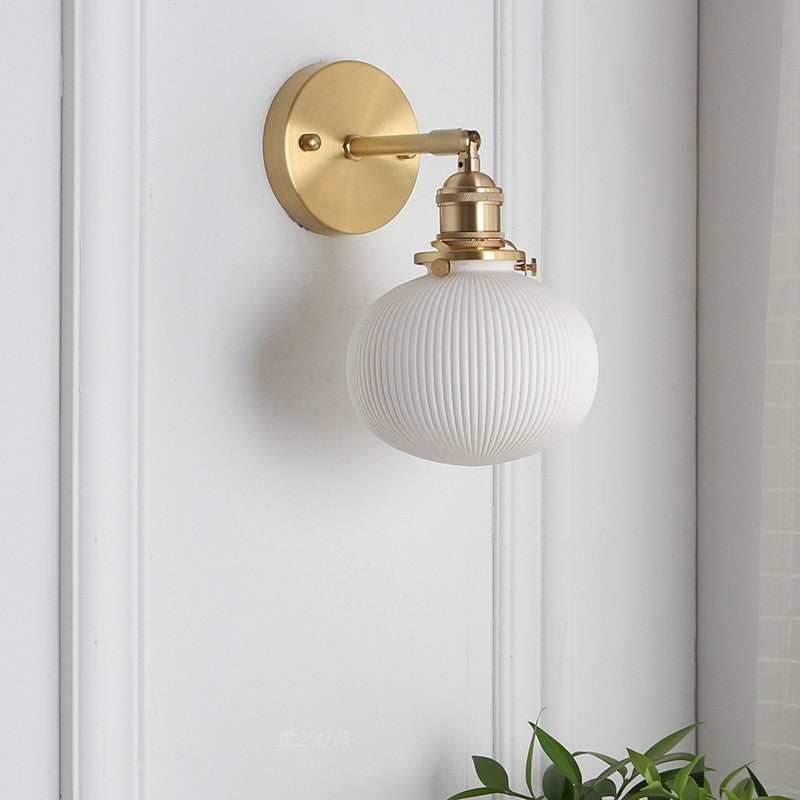 Elliptical Ribbed Ceramic Wall Light Kit Country Style 1 Head Kitchen Rotatable Wall Mounted Lamp in Brass White Clearhalo 'Art deco wall lights' 'Industrial wall lights' 'Industrial' 'Middle century wall lights' 'Tiffany' 'Wall Lamps & Sconces' 'Wall Lights' Lighting' 1918637