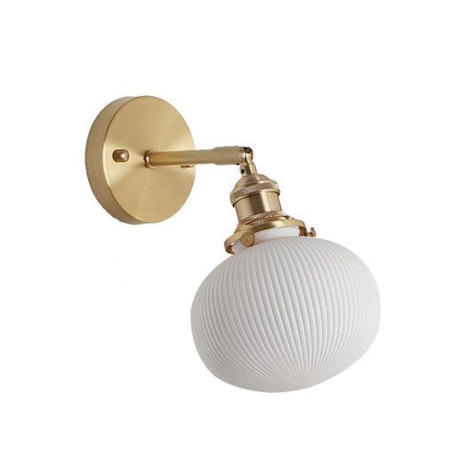 Elliptical Ribbed Ceramic Wall Light Kit Country Style 1 Head Kitchen Rotatable Wall Mounted Lamp in Brass Clearhalo 'Art deco wall lights' 'Industrial wall lights' 'Industrial' 'Middle century wall lights' 'Tiffany' 'Wall Lamps & Sconces' 'Wall Lights' Lighting' 1918639