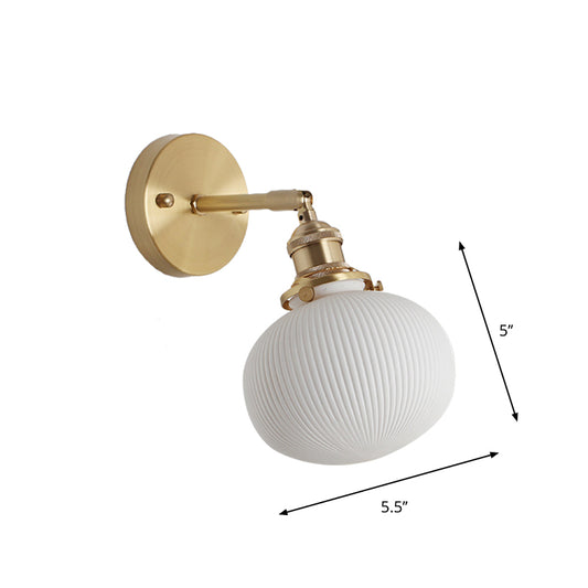 Elliptical Ribbed Ceramic Wall Light Kit Country Style 1 Head Kitchen Rotatable Wall Mounted Lamp in Brass Clearhalo 'Art deco wall lights' 'Industrial wall lights' 'Industrial' 'Middle century wall lights' 'Tiffany' 'Wall Lamps & Sconces' 'Wall Lights' Lighting' 1918640