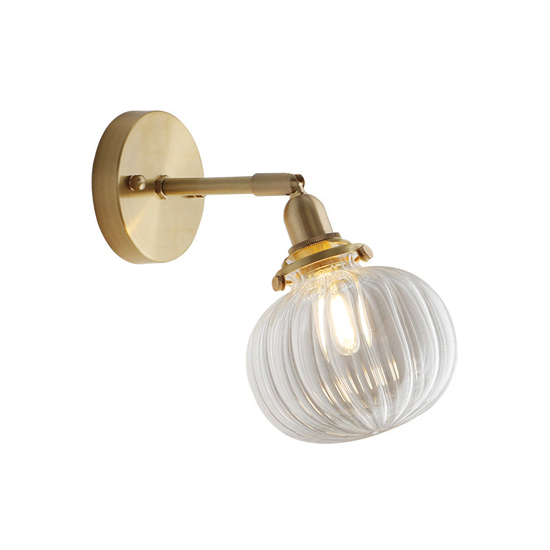Brass Pumpkin Small Wall Lamp Rural Clear Ribbed/Blue Glass 1 Bulb Bedroom Wall Mounted Lighting with Adjustable Joint Clearhalo 'Art deco wall lights' 'Cast Iron' 'Glass' 'Industrial wall lights' 'Industrial' 'Middle century wall lights' 'Modern' 'Rustic wall lights' 'Tiffany' 'Traditional wall lights' 'Wall Lamps & Sconces' 'Wall Lights' Lighting' 1918644