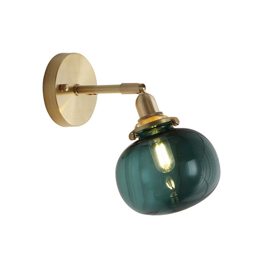 Brass Pumpkin Small Wall Lamp Rural Clear Ribbed/Blue Glass 1 Bulb Bedroom Wall Mounted Lighting with Adjustable Joint Clearhalo 'Art deco wall lights' 'Cast Iron' 'Glass' 'Industrial wall lights' 'Industrial' 'Middle century wall lights' 'Modern' 'Rustic wall lights' 'Tiffany' 'Traditional wall lights' 'Wall Lamps & Sconces' 'Wall Lights' Lighting' 1918647