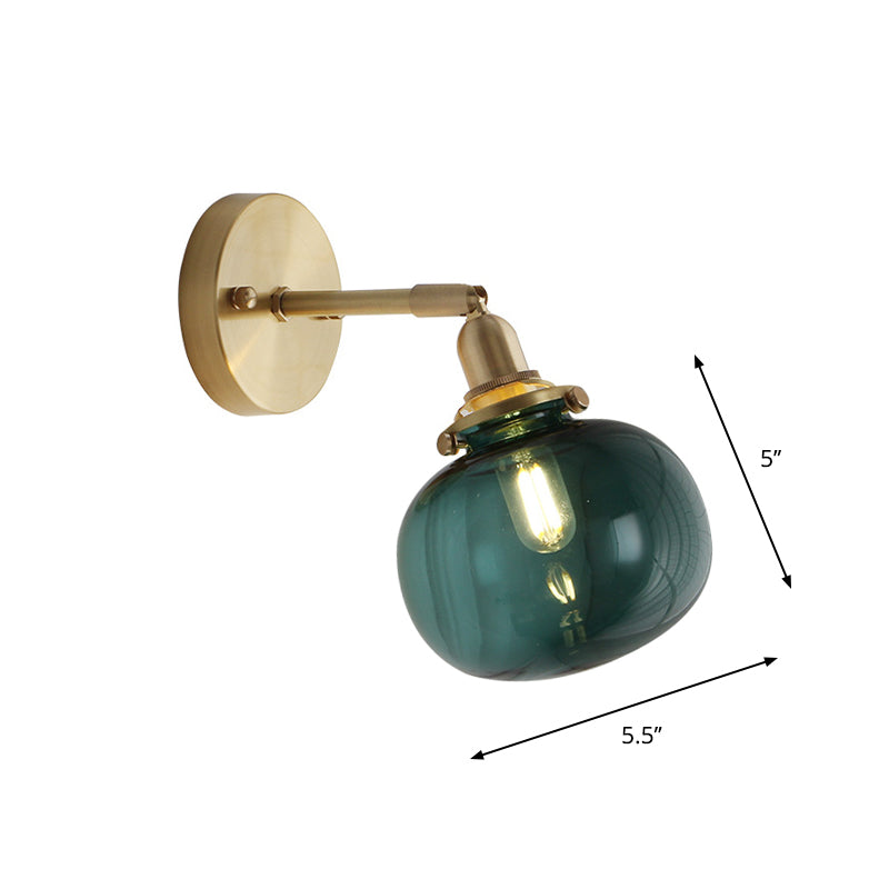 Brass Pumpkin Small Wall Lamp Rural Clear Ribbed/Blue Glass 1 Bulb Bedroom Wall Mounted Lighting with Adjustable Joint Clearhalo 'Art deco wall lights' 'Cast Iron' 'Glass' 'Industrial wall lights' 'Industrial' 'Middle century wall lights' 'Modern' 'Rustic wall lights' 'Tiffany' 'Traditional wall lights' 'Wall Lamps & Sconces' 'Wall Lights' Lighting' 1918648