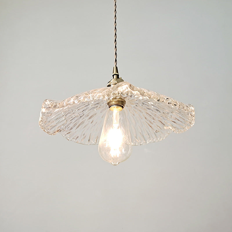 Single Lotus Leaf Shaped Pendant Lamp Farmhouse Brass Clear Carved Glass Hanging Light over Dining Table Clear Clearhalo 'Ceiling Lights' 'Glass shade' 'Glass' 'Industrial Pendants' 'Industrial' 'Middle Century Pendants' 'Pendant Lights' 'Pendants' 'Tiffany' Lighting' 1918661