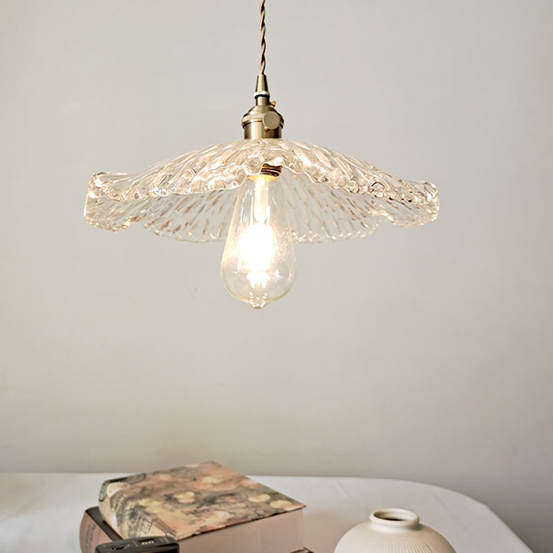 Single Lotus Leaf Shaped Pendant Lamp Farmhouse Brass Clear Carved Glass Hanging Light over Dining Table Clearhalo 'Ceiling Lights' 'Glass shade' 'Glass' 'Industrial Pendants' 'Industrial' 'Middle Century Pendants' 'Pendant Lights' 'Pendants' 'Tiffany' Lighting' 1918662