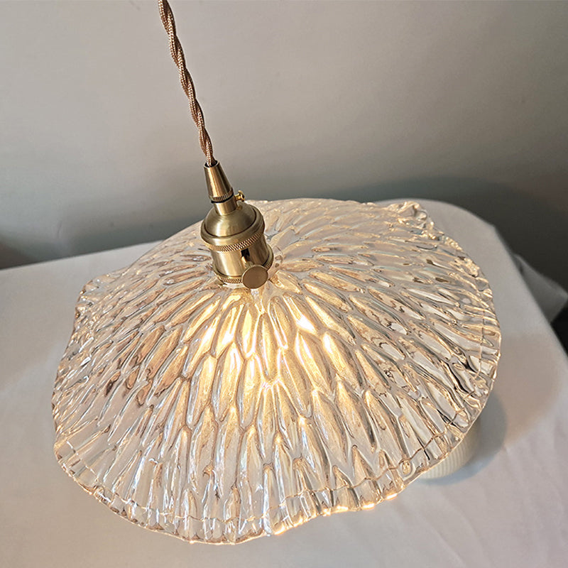 Single Lotus Leaf Shaped Pendant Lamp Farmhouse Brass Clear Carved Glass Hanging Light over Dining Table Clearhalo 'Ceiling Lights' 'Glass shade' 'Glass' 'Industrial Pendants' 'Industrial' 'Middle Century Pendants' 'Pendant Lights' 'Pendants' 'Tiffany' Lighting' 1918663