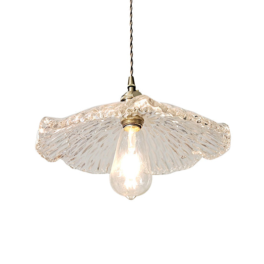 Single Lotus Leaf Shaped Pendant Lamp Farmhouse Brass Clear Carved Glass Hanging Light over Dining Table Clearhalo 'Ceiling Lights' 'Glass shade' 'Glass' 'Industrial Pendants' 'Industrial' 'Middle Century Pendants' 'Pendant Lights' 'Pendants' 'Tiffany' Lighting' 1918664