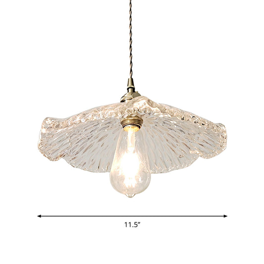 Single Lotus Leaf Shaped Pendant Lamp Farmhouse Brass Clear Carved Glass Hanging Light over Dining Table Clearhalo 'Ceiling Lights' 'Glass shade' 'Glass' 'Industrial Pendants' 'Industrial' 'Middle Century Pendants' 'Pendant Lights' 'Pendants' 'Tiffany' Lighting' 1918665
