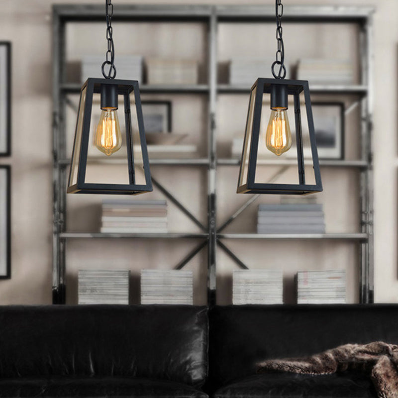 1 Head Pendant Lighting Industrial Style Living Room Hanging Lamp with Trapezoidal Clear Glass Shade in Black Clearhalo 'Ceiling Lights' 'Glass shade' 'Glass' 'Industrial Pendants' 'Industrial' 'Middle Century Pendants' 'Pendant Lights' 'Pendants' 'Tiffany' Lighting' 1918673