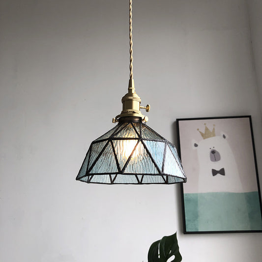Blue/Clear Textured Glass Brass Pendant Faceted Barn Shaped 1 Light Country Style Hanging Ceiling Light Blue Clearhalo 'Ceiling Lights' 'Glass shade' 'Glass' 'Industrial Pendants' 'Industrial' 'Middle Century Pendants' 'Pendant Lights' 'Pendants' 'Tiffany' Lighting' 1918706