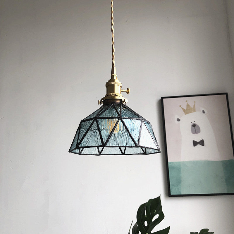Blue/Clear Textured Glass Brass Pendant Faceted Barn Shaped 1 Light Country Style Hanging Ceiling Light Clearhalo 'Ceiling Lights' 'Glass shade' 'Glass' 'Industrial Pendants' 'Industrial' 'Middle Century Pendants' 'Pendant Lights' 'Pendants' 'Tiffany' Lighting' 1918707