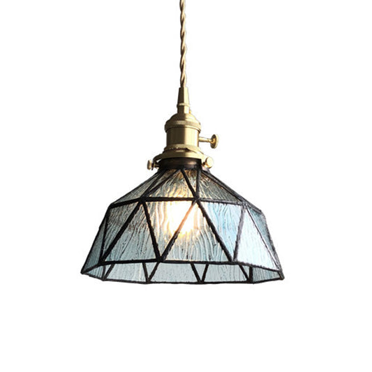 Blue/Clear Textured Glass Brass Pendant Faceted Barn Shaped 1 Light Country Style Hanging Ceiling Light Clearhalo 'Ceiling Lights' 'Glass shade' 'Glass' 'Industrial Pendants' 'Industrial' 'Middle Century Pendants' 'Pendant Lights' 'Pendants' 'Tiffany' Lighting' 1918708