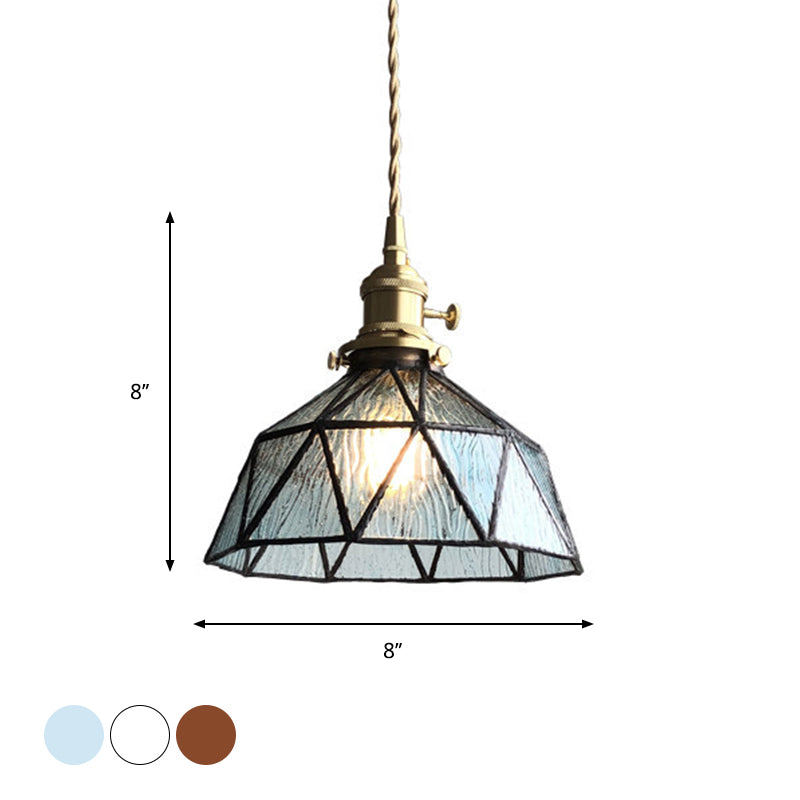 Blue/Clear Textured Glass Brass Pendant Faceted Barn Shaped 1 Light Country Style Hanging Ceiling Light Clearhalo 'Ceiling Lights' 'Glass shade' 'Glass' 'Industrial Pendants' 'Industrial' 'Middle Century Pendants' 'Pendant Lights' 'Pendants' 'Tiffany' Lighting' 1918709