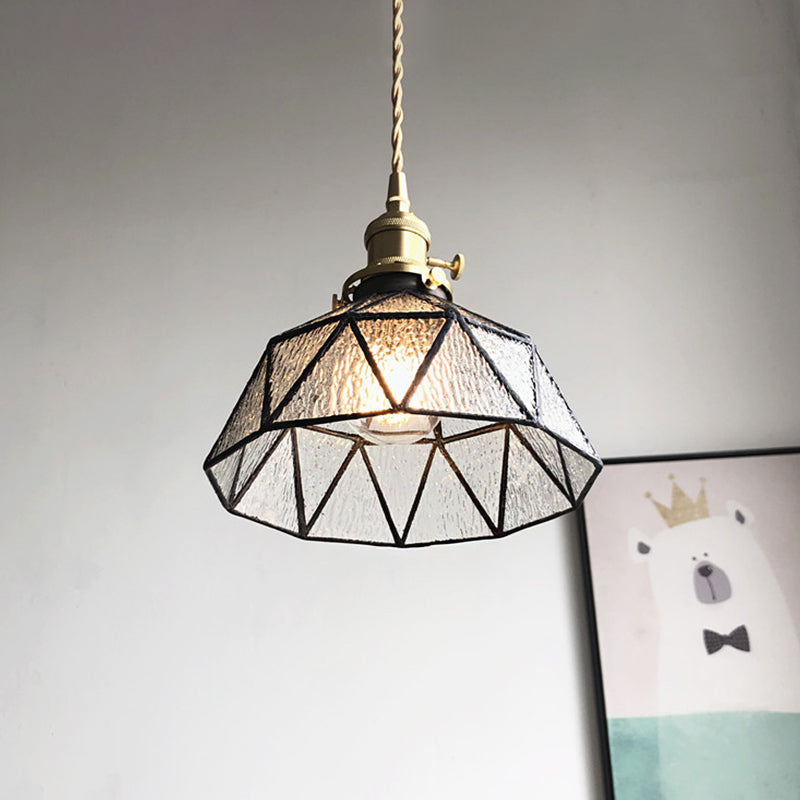 Blue/Clear Textured Glass Brass Pendant Faceted Barn Shaped 1 Light Country Style Hanging Ceiling Light Clearhalo 'Ceiling Lights' 'Glass shade' 'Glass' 'Industrial Pendants' 'Industrial' 'Middle Century Pendants' 'Pendant Lights' 'Pendants' 'Tiffany' Lighting' 1918711