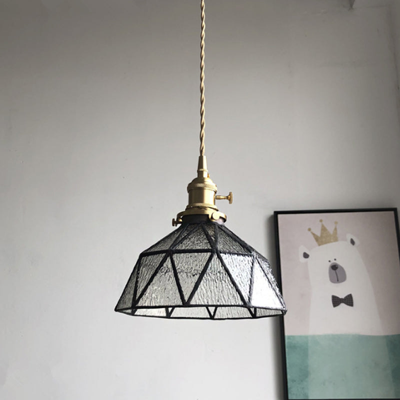 Blue/Clear Textured Glass Brass Pendant Faceted Barn Shaped 1 Light Country Style Hanging Ceiling Light Clearhalo 'Ceiling Lights' 'Glass shade' 'Glass' 'Industrial Pendants' 'Industrial' 'Middle Century Pendants' 'Pendant Lights' 'Pendants' 'Tiffany' Lighting' 1918712