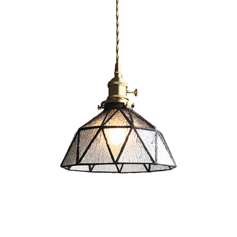 Blue/Clear Textured Glass Brass Pendant Faceted Barn Shaped 1 Light Country Style Hanging Ceiling Light Clearhalo 'Ceiling Lights' 'Glass shade' 'Glass' 'Industrial Pendants' 'Industrial' 'Middle Century Pendants' 'Pendant Lights' 'Pendants' 'Tiffany' Lighting' 1918713