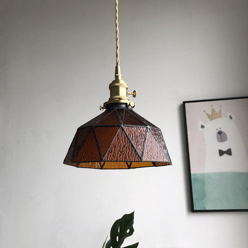 Blue/Clear Textured Glass Brass Pendant Faceted Barn Shaped 1 Light Country Style Hanging Ceiling Light Amber Clearhalo 'Ceiling Lights' 'Glass shade' 'Glass' 'Industrial Pendants' 'Industrial' 'Middle Century Pendants' 'Pendant Lights' 'Pendants' 'Tiffany' Lighting' 1918714