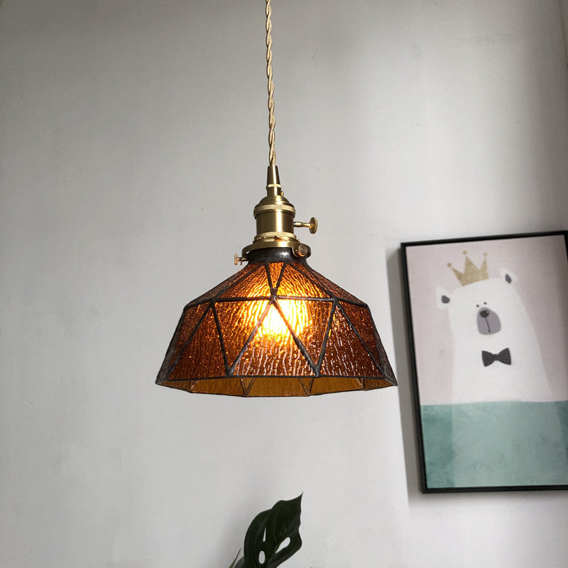 Blue/Clear Textured Glass Brass Pendant Faceted Barn Shaped 1 Light Country Style Hanging Ceiling Light Clearhalo 'Ceiling Lights' 'Glass shade' 'Glass' 'Industrial Pendants' 'Industrial' 'Middle Century Pendants' 'Pendant Lights' 'Pendants' 'Tiffany' Lighting' 1918715