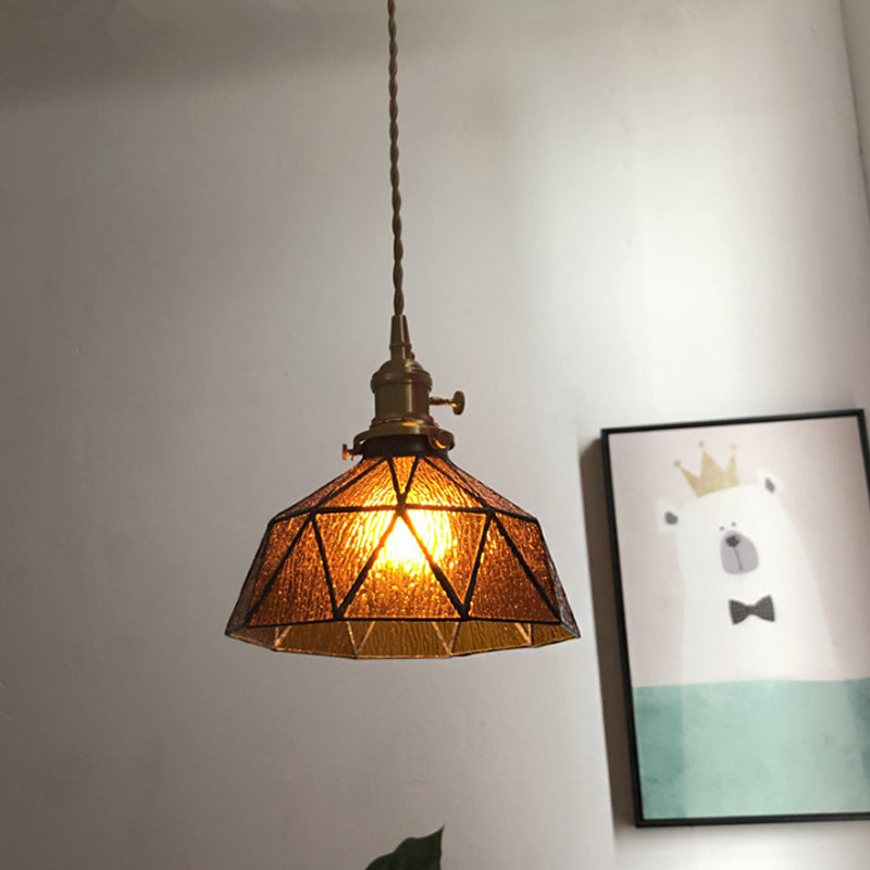 Blue/Clear Textured Glass Brass Pendant Faceted Barn Shaped 1 Light Country Style Hanging Ceiling Light Clearhalo 'Ceiling Lights' 'Glass shade' 'Glass' 'Industrial Pendants' 'Industrial' 'Middle Century Pendants' 'Pendant Lights' 'Pendants' 'Tiffany' Lighting' 1918716