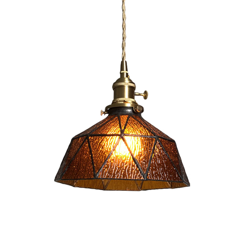 Blue/Clear Textured Glass Brass Pendant Faceted Barn Shaped 1 Light Country Style Hanging Ceiling Light Clearhalo 'Ceiling Lights' 'Glass shade' 'Glass' 'Industrial Pendants' 'Industrial' 'Middle Century Pendants' 'Pendant Lights' 'Pendants' 'Tiffany' Lighting' 1918717