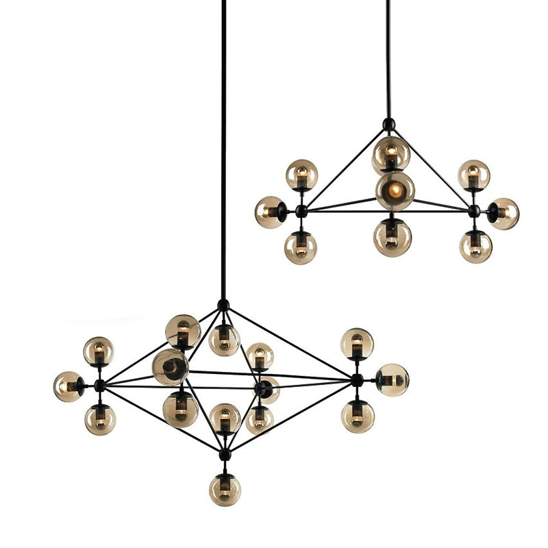 Black Pyramid Frame Chandelier Loft Style Metal 10/15-Light Living Room Pendant Light with Ball Tan Glass Shade Clearhalo 'Cast Iron' 'Ceiling Lights' 'Chandeliers' 'Industrial Chandeliers' 'Industrial' 'Metal' 'Middle Century Chandeliers' 'Rustic Chandeliers' 'Tiffany' Lighting' 1918718