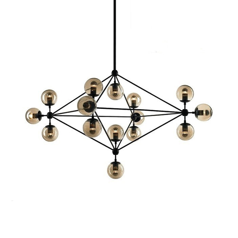 Black Pyramid Frame Chandelier Loft Style Metal 10/15-Light Living Room Pendant Light with Ball Tan Glass Shade Clearhalo 'Cast Iron' 'Ceiling Lights' 'Chandeliers' 'Industrial Chandeliers' 'Industrial' 'Metal' 'Middle Century Chandeliers' 'Rustic Chandeliers' 'Tiffany' Lighting' 1918720