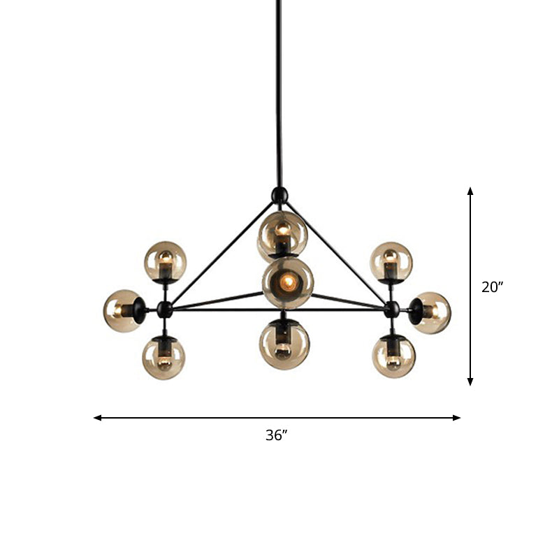 Black Pyramid Frame Chandelier Loft Style Metal 10/15-Light Living Room Pendant Light with Ball Tan Glass Shade Clearhalo 'Cast Iron' 'Ceiling Lights' 'Chandeliers' 'Industrial Chandeliers' 'Industrial' 'Metal' 'Middle Century Chandeliers' 'Rustic Chandeliers' 'Tiffany' Lighting' 1918723