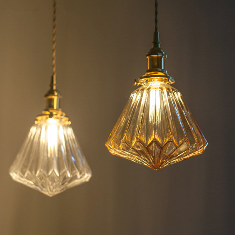 1-Light Ridged Cone Drop Pendant Rustic Brass Brown/Clear Glass Ceiling Hang Lamp with Pointed Bottom Brown Clearhalo 'Ceiling Lights' 'Glass shade' 'Glass' 'Industrial Pendants' 'Industrial' 'Middle Century Pendants' 'Pendant Lights' 'Pendants' 'Tiffany' Lighting' 1918724