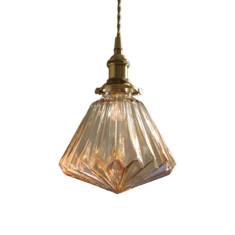 1-Light Ridged Cone Drop Pendant Rustic Brass Brown/Clear Glass Ceiling Hang Lamp with Pointed Bottom Clearhalo 'Ceiling Lights' 'Glass shade' 'Glass' 'Industrial Pendants' 'Industrial' 'Middle Century Pendants' 'Pendant Lights' 'Pendants' 'Tiffany' Lighting' 1918725