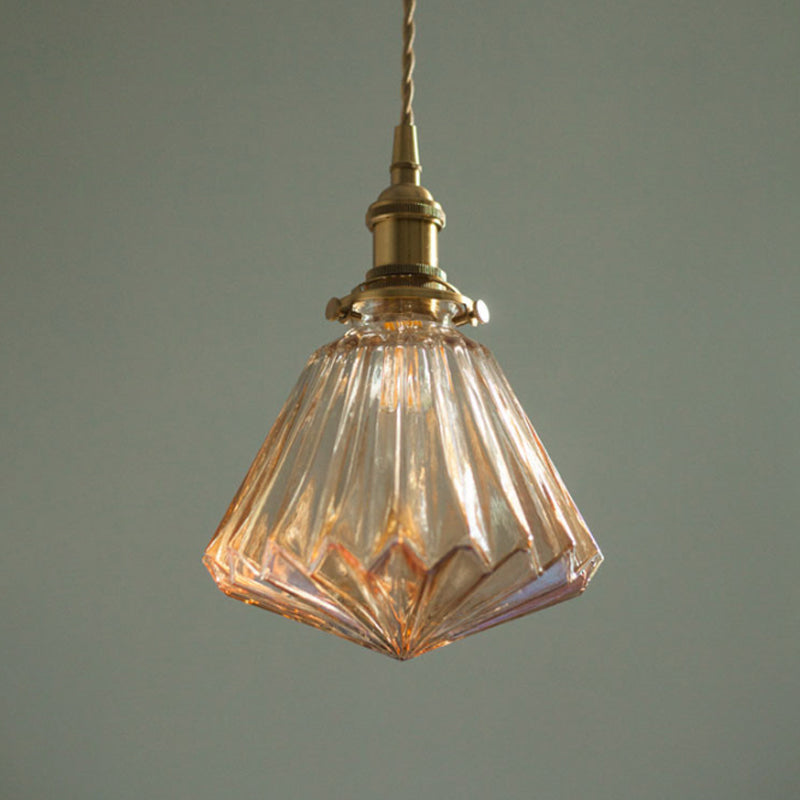 1-Light Ridged Cone Drop Pendant Rustic Brass Brown/Clear Glass Ceiling Hang Lamp with Pointed Bottom Clearhalo 'Ceiling Lights' 'Glass shade' 'Glass' 'Industrial Pendants' 'Industrial' 'Middle Century Pendants' 'Pendant Lights' 'Pendants' 'Tiffany' Lighting' 1918726