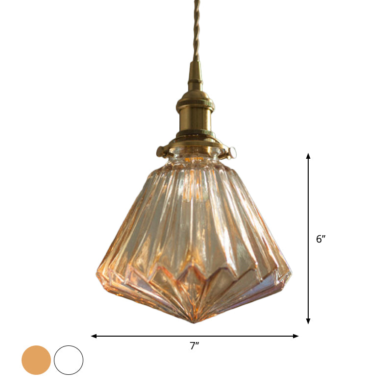 1-Light Ridged Cone Drop Pendant Rustic Brass Brown/Clear Glass Ceiling Hang Lamp with Pointed Bottom Clearhalo 'Ceiling Lights' 'Glass shade' 'Glass' 'Industrial Pendants' 'Industrial' 'Middle Century Pendants' 'Pendant Lights' 'Pendants' 'Tiffany' Lighting' 1918727