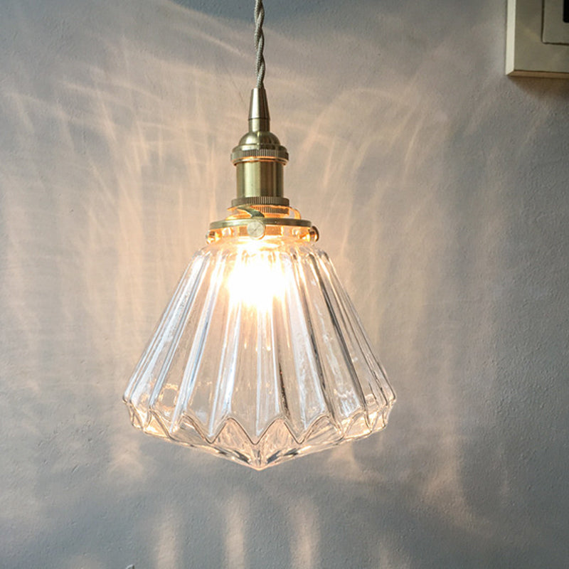 1-Light Ridged Cone Drop Pendant Rustic Brass Brown/Clear Glass Ceiling Hang Lamp with Pointed Bottom Clearhalo 'Ceiling Lights' 'Glass shade' 'Glass' 'Industrial Pendants' 'Industrial' 'Middle Century Pendants' 'Pendant Lights' 'Pendants' 'Tiffany' Lighting' 1918730